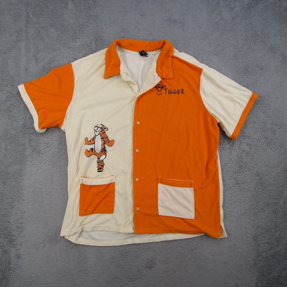 Disney Tigger Terry Cloth Button Down Shirt Mens 2X Orange Cream Colorblock 2021